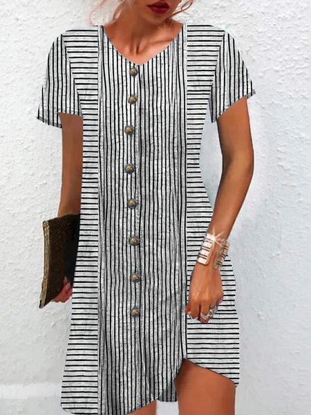 

Women Striped V Neck Short Sleeve Comfy Casual Buckle Mini Dress, Black, Dresses