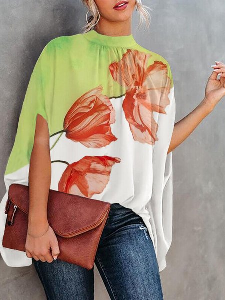 

Vacation Floral Loose Stand Collar Short Sleeve Shirt, Green, Blouses and Shirts
