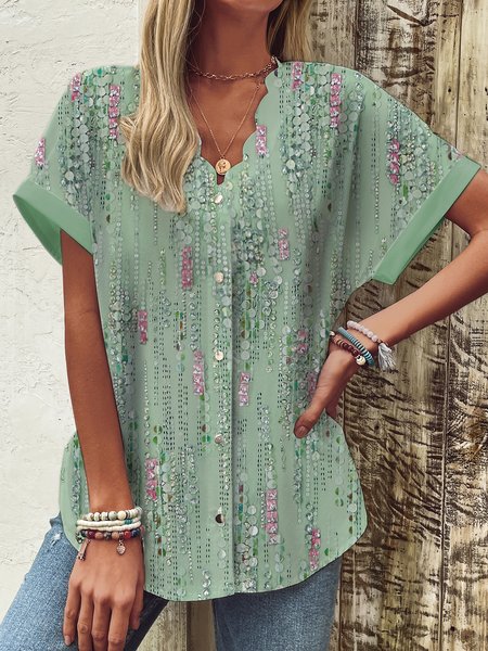 

Lotus Leaf Collar Short Sleeve Floral Regular Loose Blouse For Women, Green, Blouses