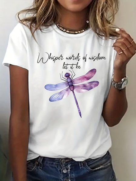 

Casual Dragonfly Crew Neck Short Sleeve T-shirt, White, T-shirts