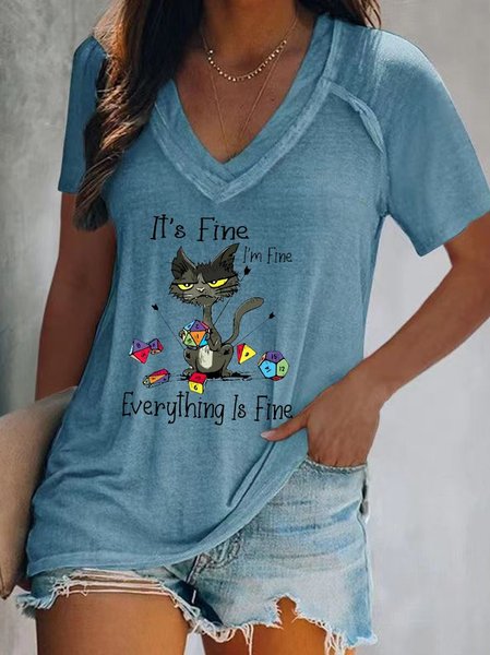 

Casual Cat V Neck Short Sleeve T-shirt, Blue, T-shirts