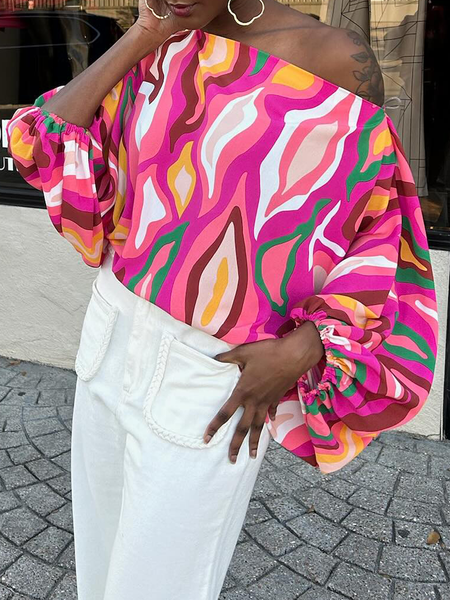 

Loose Geometric Vacation Asymmetrical Half Sleeve Shirt, As picture, Blouses and Shirts