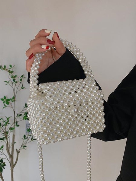 

Elegant Imitation Pearls Beaded Woven Handbag Mini Crossbody Bag, White, Bags