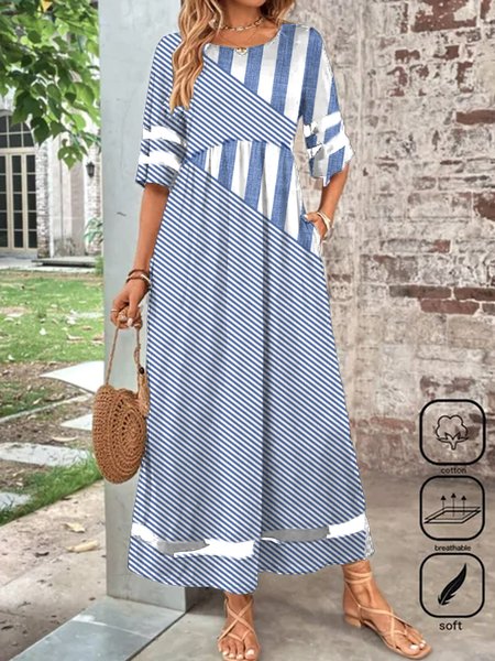

Women Striped Crew Neck Short Sleeve Comfy Casual Buckle Maxi Dress, Blue, Dresses