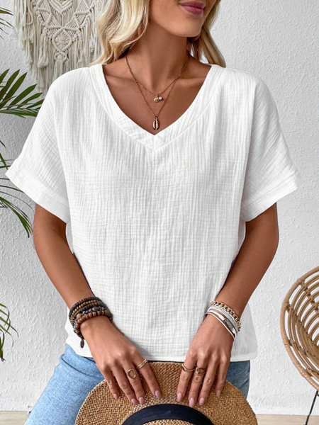 

V Neck Short Sleeve Plain Regular Loose Shirt For Women, White, Blouses