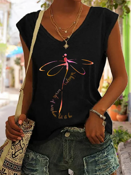 

Casual Dragonfly V Neck Sleeveless T-shirt, Black, T-shirts