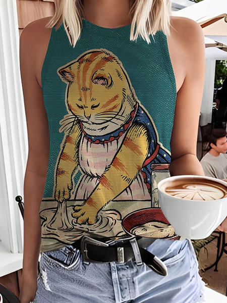 

Casual Cat Crew Neck Sleeveless T-shirt, Green, T-shirts
