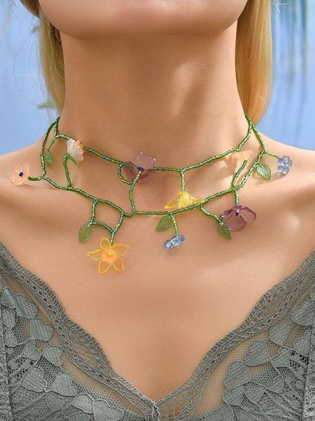 

Boho Random Flower Beaded Multi-Layered Necklace, As picture, Necklaces