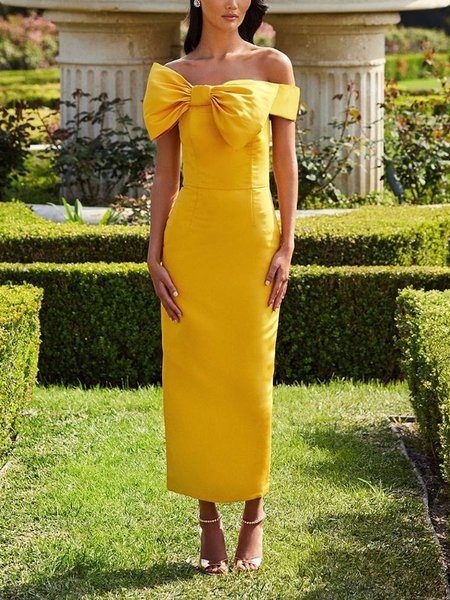 Cold Shoulder Regular Fit Plain Elegant Midi Dress, Yellow, Maxi Dresses