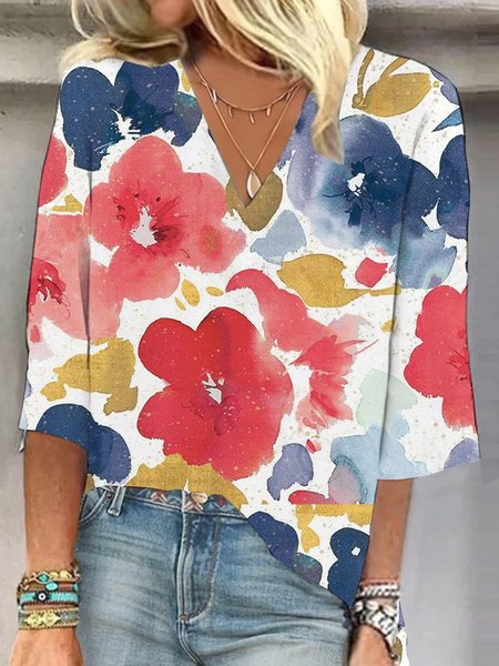 

V Neck Half Sleeve Floral Regular Loose Shirt For Women, Multicolor, Blouses