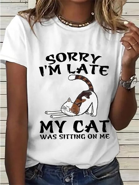 

Casual Cat Crew Neck Short Sleeve T-shirt, White, T-shirts