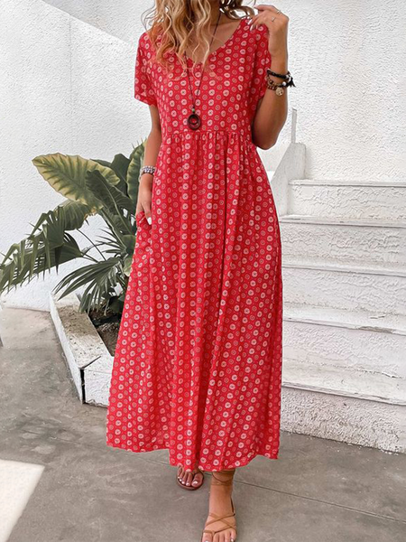 

Women Geometric V Neck Short Sleeve Comfy Casual Buckle Maxi Dress, Red, Dresses