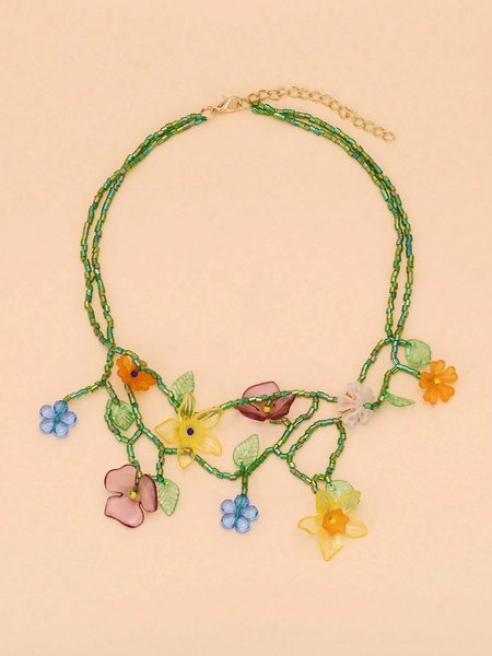 

Boho Random Flower Beaded Multi-Layered Necklace, As picture, Necklaces