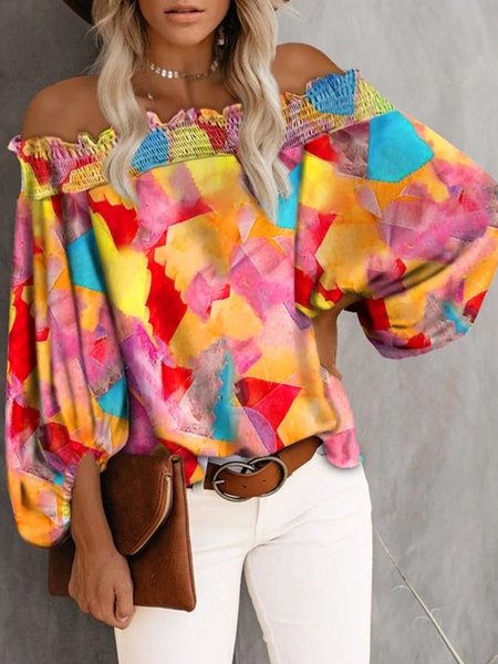 

Vacation Abstract Loose Off The Shoulder Shirt, As picture, Blouses and Shirts