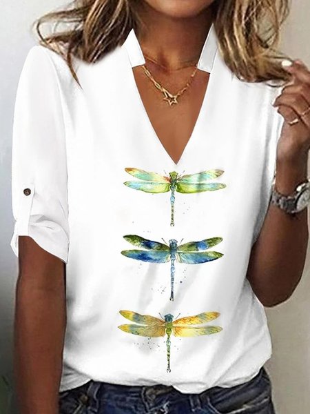 

Casual Dragonfly Notched Half Sleeve T-shirt, White, T-shirts