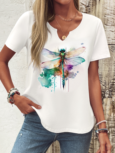 

Women Dragonfly Notched Casual Short Sleeve T-shirt, White, Tees & T-shirts