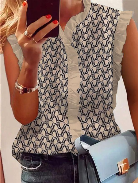 

Women's Sleeveless Blouse Summer Geometric Crew Neck Ruffle Sleeve Daily Going Out Casual Top Khaki, Blouses