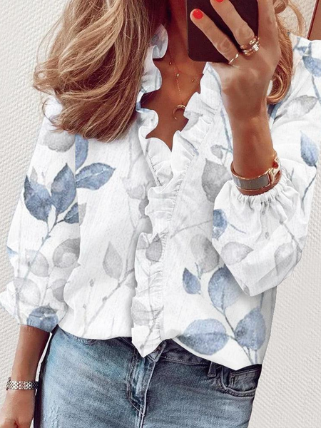 

Women's Long Sleeve Blouse Spring/Fall Leaf Lotus Leaf Collar Daily Going Out Casual Top White, Blouses