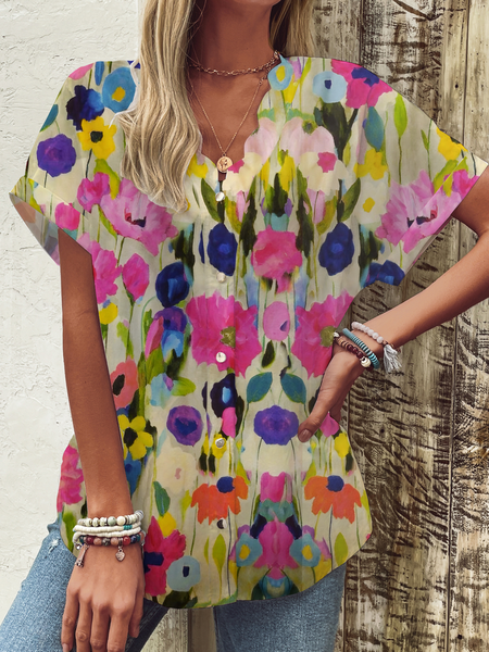 

Lace Collar Short Sleeve Floral Regular Loose Blouse For Women, Flower, Shirts