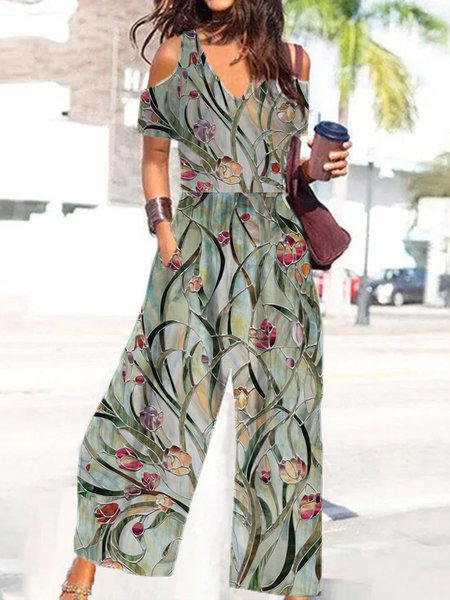 

Women Sleeveless V Neck Loose Long Daily Casual Floral Natural Jumpsuit, Green, Jumpsuits&Rompers