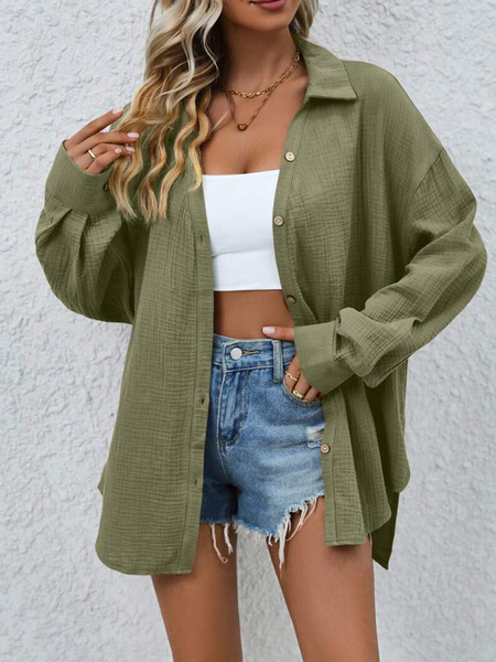 

Shirt Collar Long Sleeve Plain Regular Loose Shirt For Women, Green, Shirts