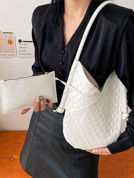 

2pcs/set Large Capacity Weave Tote Bag with Coin Purse, White, Bags