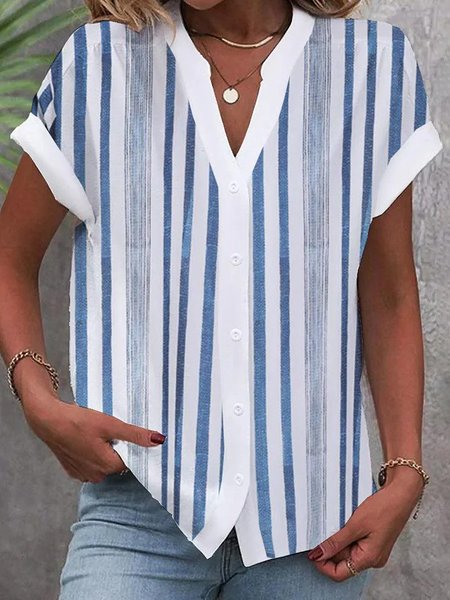 

V Neck Short Sleeve Striped Regular Loose Blouse For Women, Blue, Blouses