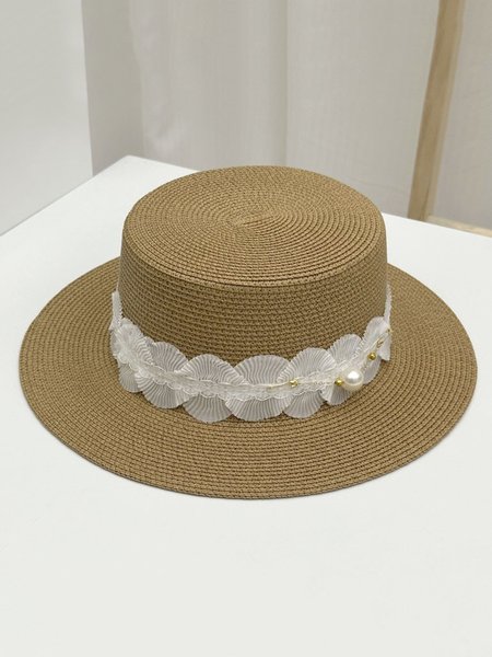 

Pleated Flower Imitation Pearl Decor Sun Straw Hat, Khaki, Hats