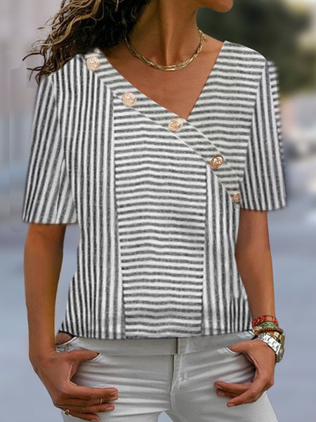 

Casual Striped Asymmetrical Collar Short Sleeve T-shirt, Black, T-shirts