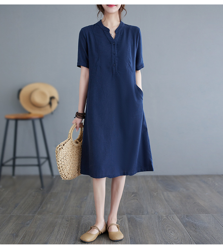 

Notched Casual Loose Plain Dress With No, Navy blue, Midi Dresses