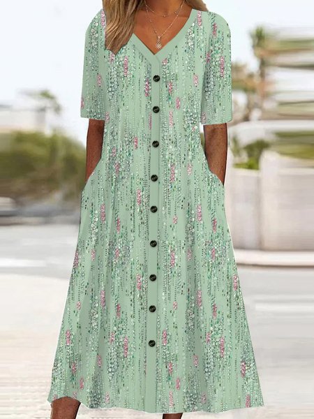 

Women Floral V Neck Short Sleeve Comfy Casual Midi Dress, Green, Dresses