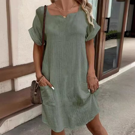 Women Plain Crew Neck Short Sleeve Comfy Casual Mini Dress, Green, Dresses