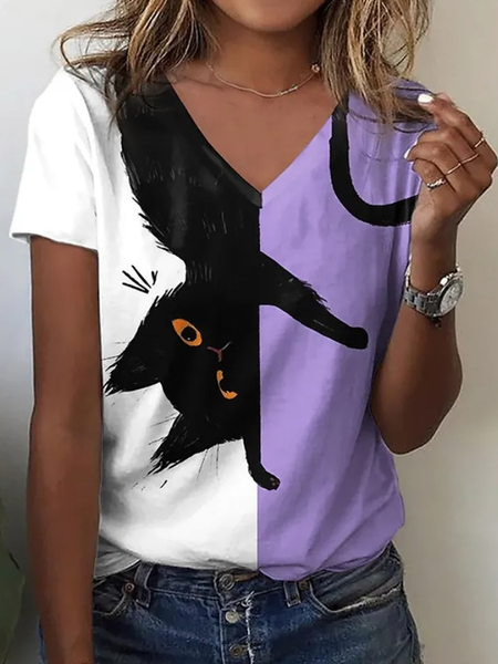 

Casual Cat V Neck Short Sleeve T-shirt, Multicolor, T-shirts