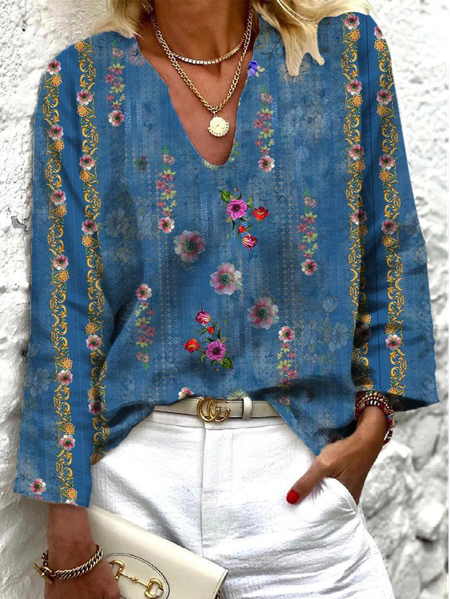 

Women's Long Sleeve Blouse Summer Floral V Neck Daily Going Out Casual Top Dark Blue, Blouses
