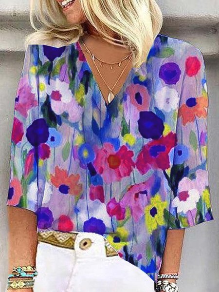 

Women's 3/4 Sleeve Blouse Summer Abstract Floral Colorful V Neck Daily Going Out Casual Top, Blue, Shirts & Blouses