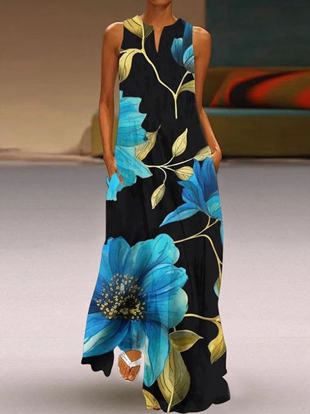 V Neck Floral Vacation Loose Dress, As picture, Maxi Dresses