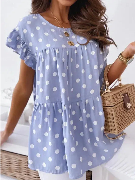 

Women's Short Sleeve Blouse Summer Polka Dots Crew Neck Ruffle Sleeve Daily Going Out Casual Top Light Blue, Blouses