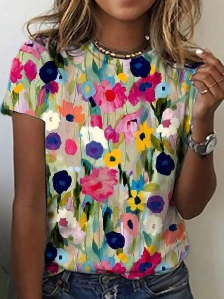 

Women's Short Sleeve Tee T-shirt Summer Floral Crew Neck Daily Going Out Casual Top Pink, T-Shirts