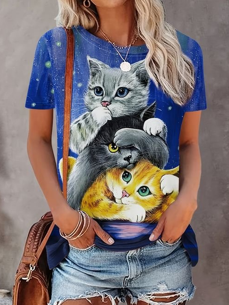 

Casual Cat Crew Neck Short Sleeve T-shirt, Blue, T-shirts