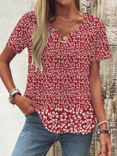 

Casual Floral Notched Short Sleeve T-shirt, Red, T-shirts