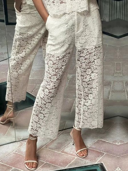 

Elegant Lace High Waist Plain Fashion Wide Leg Pants, White, Pants