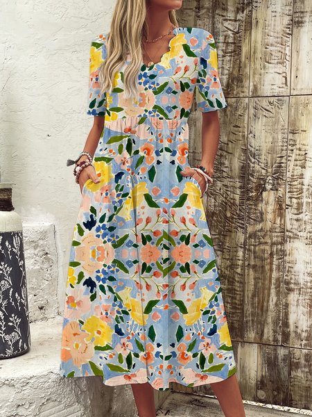 

Women Floral Scoop Neck Short Sleeve Comfy Casual Maxi Dress, Yellow, Dresses