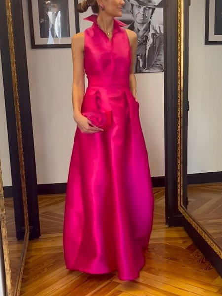 

Shirt Collar Elegant Plain Sleeveless Maxi Dress, Deep pink, Maxi Dresses