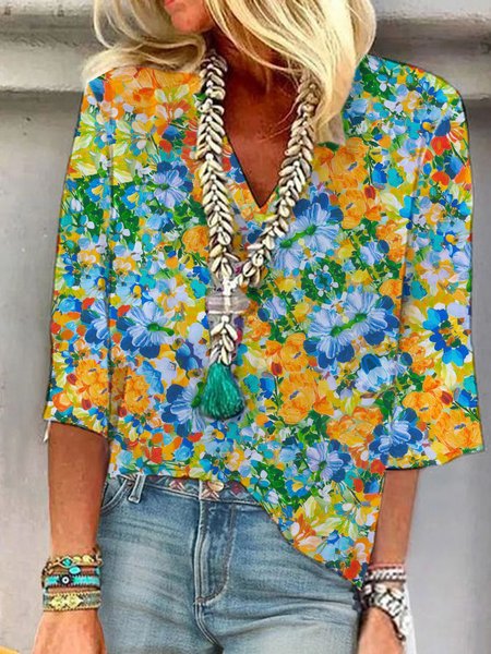 

V Neck Half Sleeve Floral Regular Loose Shirt For Women, Blue, Blouses