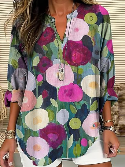 

Notched Short Sleeve Floral Regular Loose Shirt For Women, Multicolor, Blouses