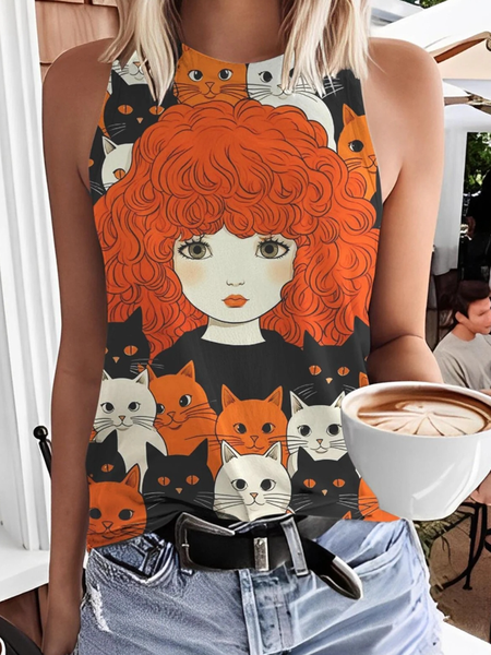 Casual Crew Neck Cartoon Tank Top, Orange, Tanks & Camis