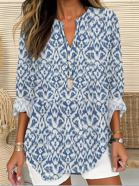 

Notched Long Sleeve Abstract Regular Loose Shirt For Women, Blue, Blouses