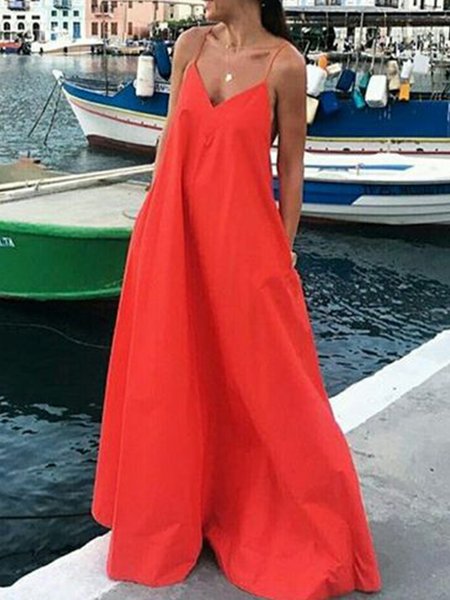 

Spaghetti Loose Vacation Plain Dress, Orange red, Maxi Dresses