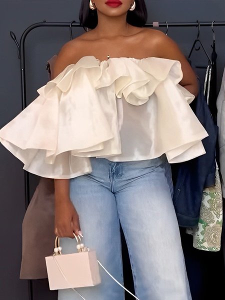 

Urban Loose Plain Strapless Satin Peplum Shirt, White, Blouses and Shirts