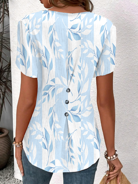 

Crew Neck Short Sleeve Leaf Regular Loose Shirt For Women, Blue, Blouses